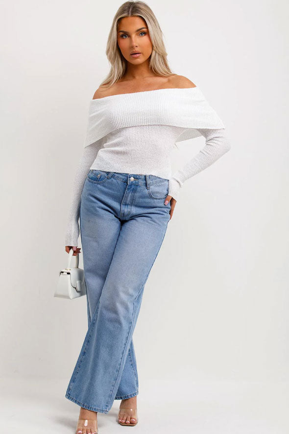 Bardot Jumper With Fold Over Detail White