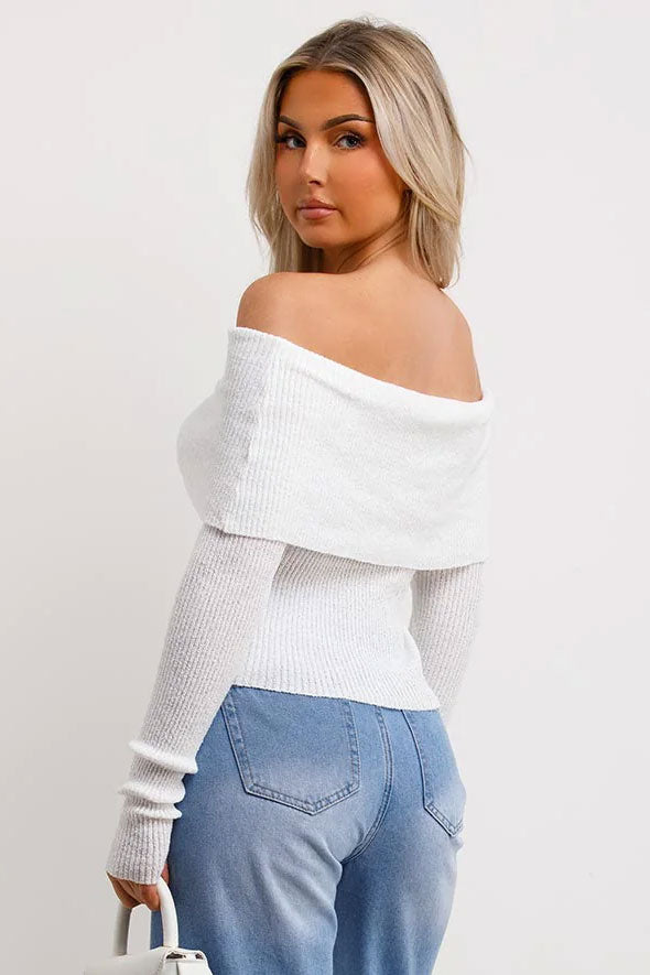 Bardot Jumper With Fold Over Detail White