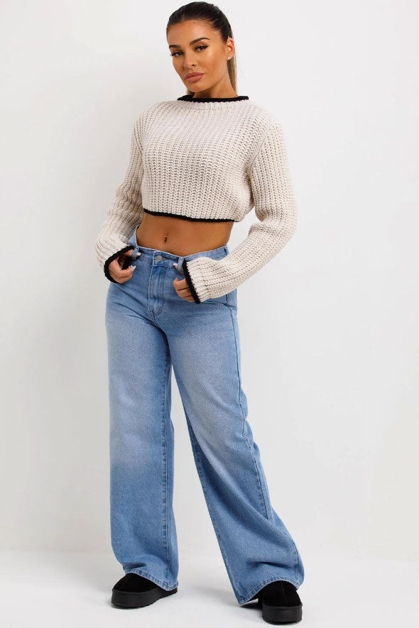 Beige Long Sleeve Knitted Cropped Jumper