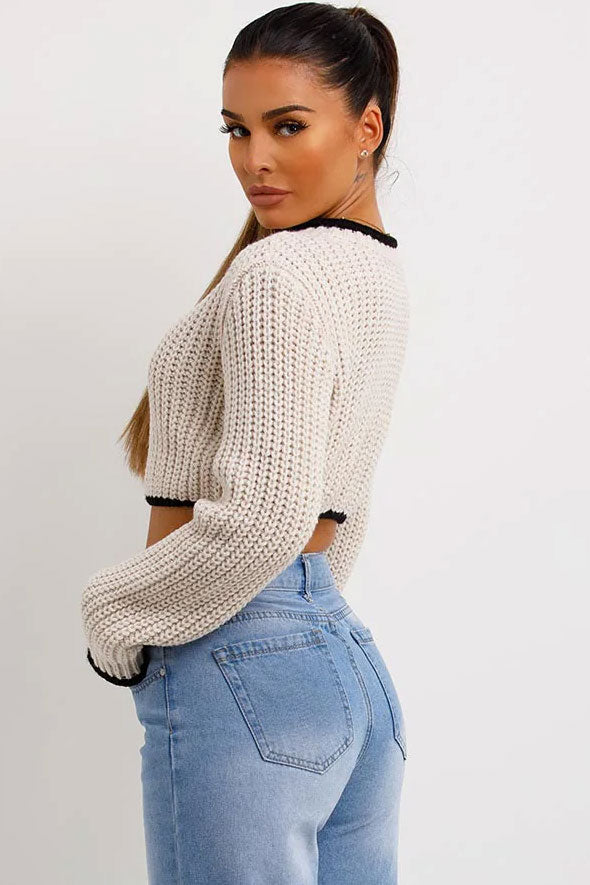 Beige Long Sleeve Knitted Cropped Jumper