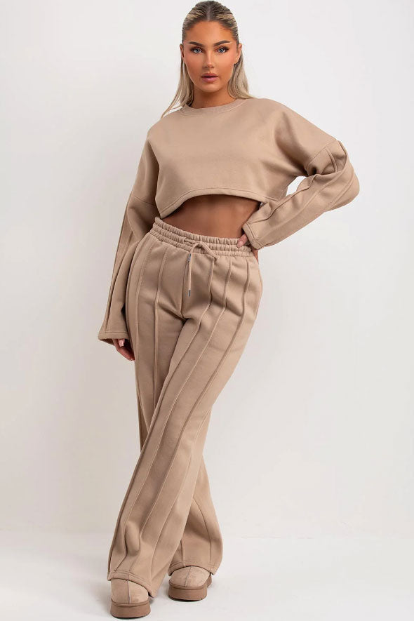 Beige Tracksuit Joggers And Crop Sweatshirt With Seam Detail