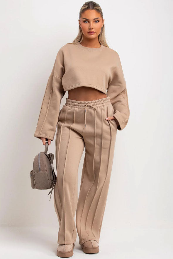 Beige Tracksuit Joggers And Crop Sweatshirt With Seam Detail