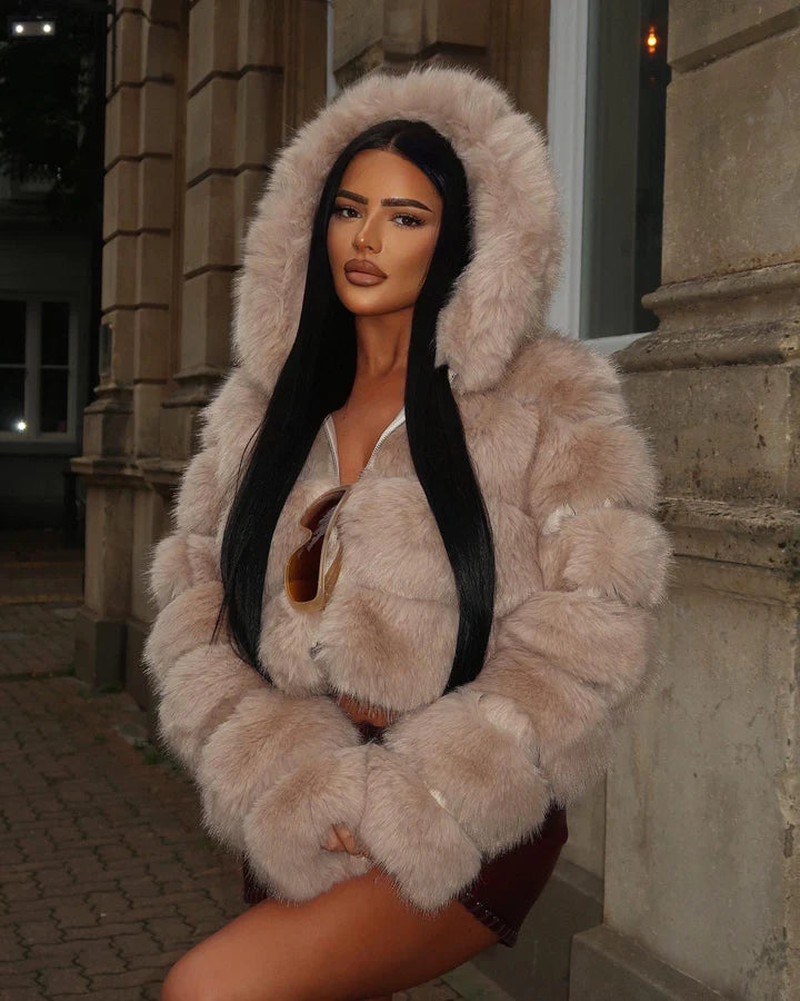 Beige Super Soft Faux Fur Hooded Jacket