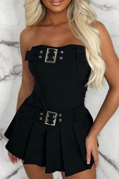 Belted Babe Black Bandeau Stretch Pleated Skort Playsuit