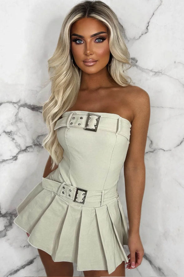 Belted Babe Stone Bandeau Stretch Pleated Skort Playsuit