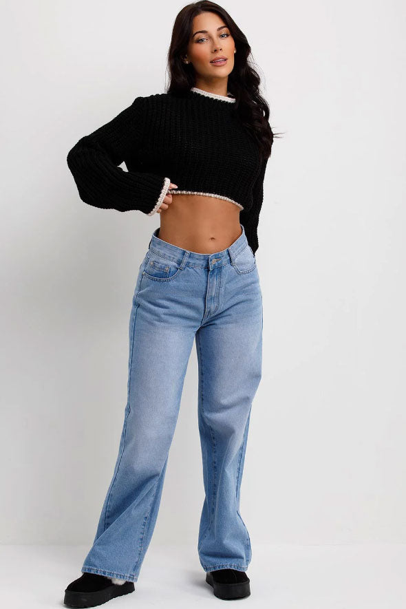 Black Long Sleeve Knitted Cropped Jumper