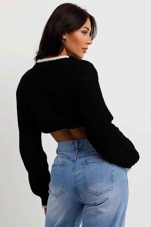 Black Long Sleeve Knitted Cropped Jumper