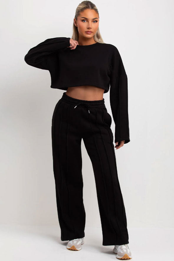 Black Tracksuit Joggers And Crop Sweatshirt With Seam Detail