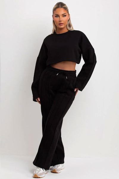 Black Tracksuit Joggers And Crop Sweatshirt With Seam Detail