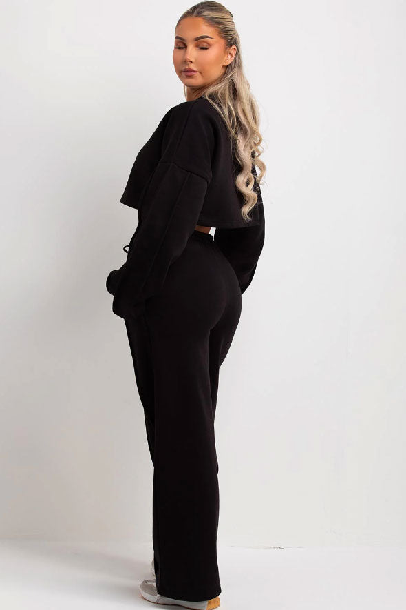 Black Tracksuit Joggers And Crop Sweatshirt With Seam Detail