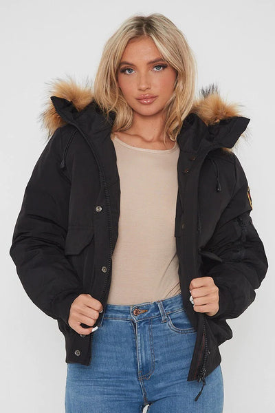 Black Aviator Canada Pilot Faux Fur Hood Bomber Jacket