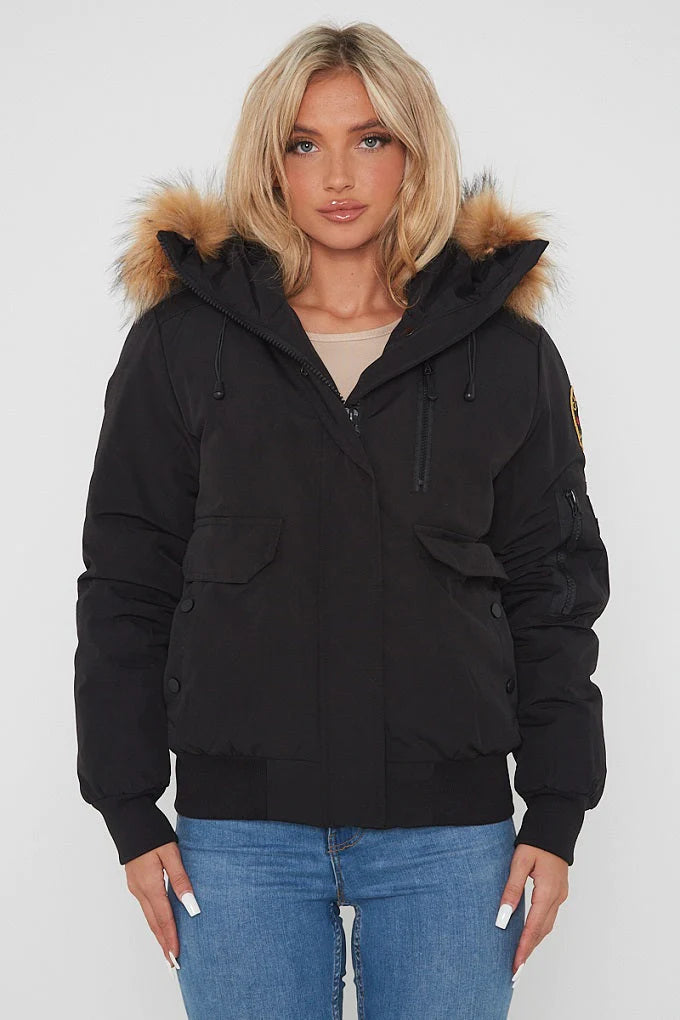 Black Aviator Canada Pilot Faux Fur Hood Bomber Jacket