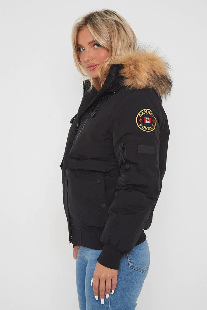 Black Aviator Canada Pilot Faux Fur Hood Bomber Jacket