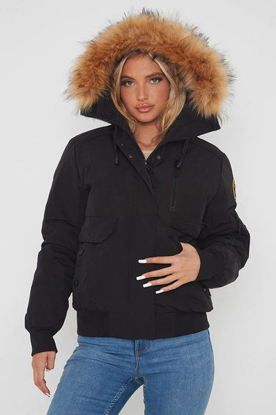 Black Aviator Canada Pilot Faux Fur Hood Bomber Jacket