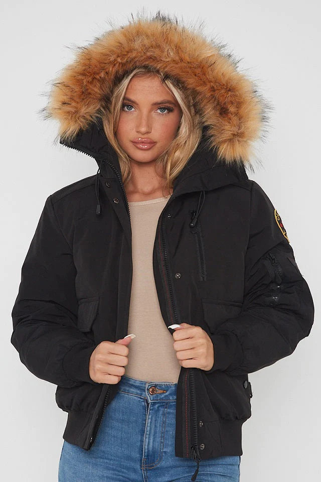 Good for nothing bomber jacket in black with 2025 faux fur hood