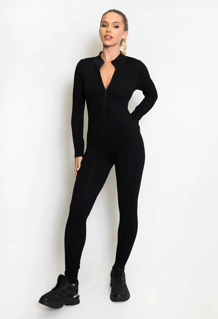 Black Ribbed High Neck Zip Front Unitard