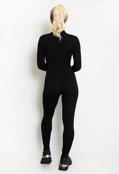 Black Ribbed High Neck Zip Front Unitard