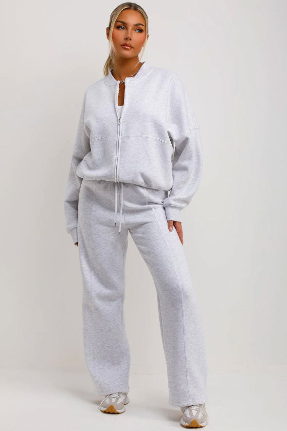 Bomber Sweatshirt With Zip And Joggers Loungewear Set Marl grey