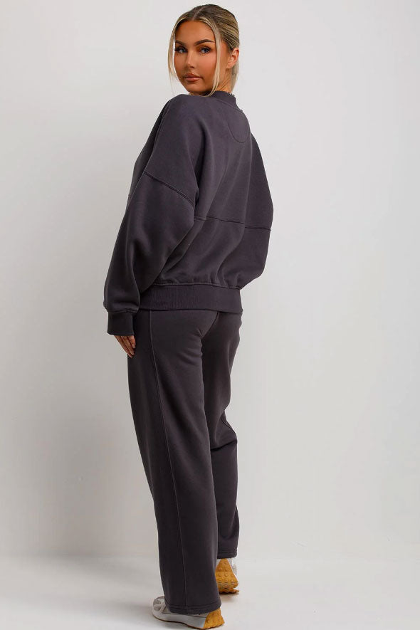 Bomber Sweatshirt With Zip And Joggers Loungewear Set Charcoal