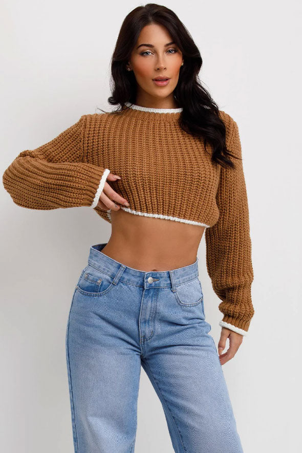 Brown Long Sleeve Knitted Cropped Jumper