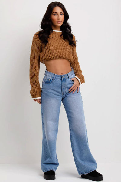 Brown Long Sleeve Knitted Cropped Jumper