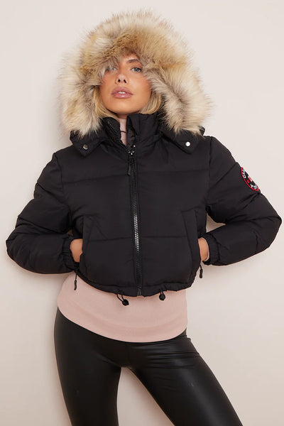 Canada Black Cropped Faux Fur Hood Puffer Jacket