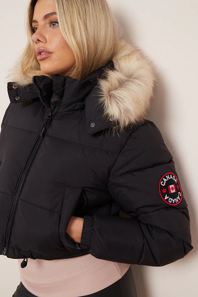 Canada Black Cropped Faux Fur Hood Puffer Jacket