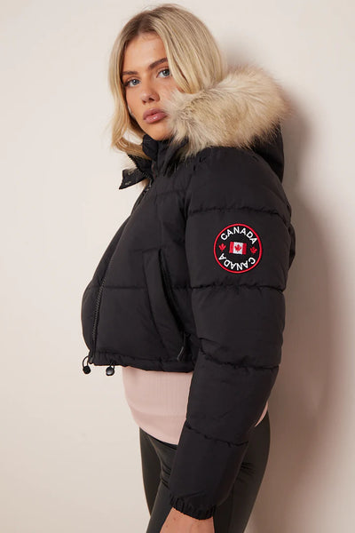 Canada Black Cropped Faux Fur Hood Puffer Jacket