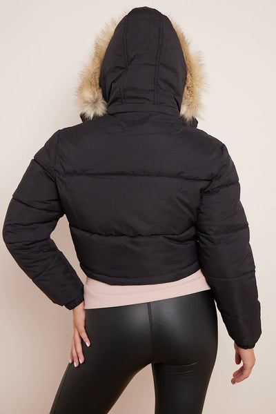 Canada Black Cropped Faux Fur Hood Puffer Jacket