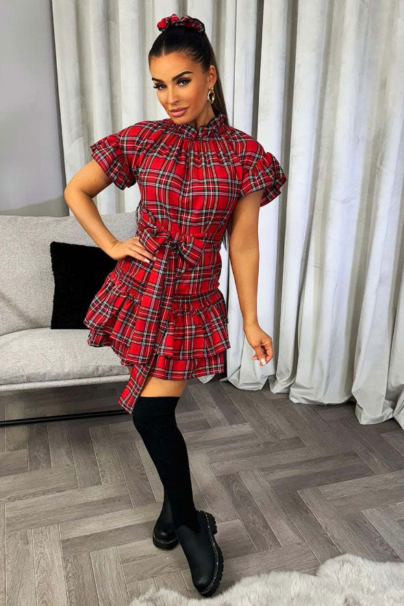 Checkered Rara Skirt Top And Scrunchie Set Red