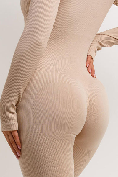 Contour Rib Scrunch Bum Long Sleeve Jumpsuit Beige