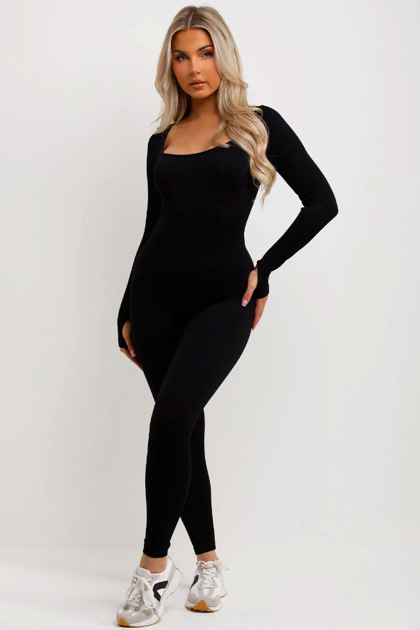 Contour Rib Scrunch Bum Long Sleeve Jumpsuit Black