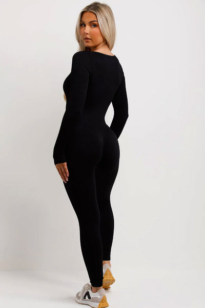 Contour Rib Scrunch Bum Long Sleeve Jumpsuit Black