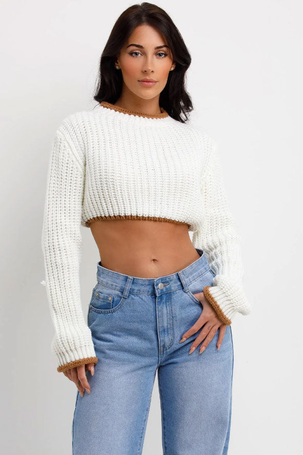 Cream Long Sleeve Knitted Cropped Jumper