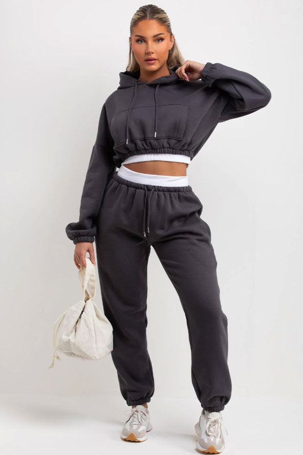Crop Hoodie And Joggers Tracksuit Ribbed Hem Charcoal