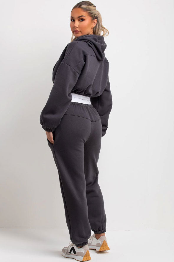 Crop Hoodie And Joggers Tracksuit Ribbed Hem Charcoal