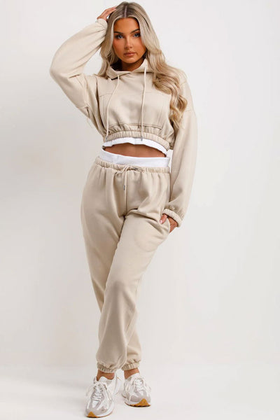Crop Hoodie And Joggers Tracksuit Ribbed Hem Oatmeal