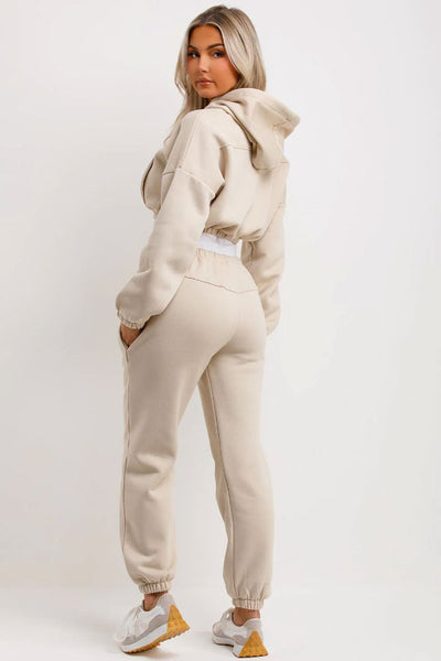 Crop Hoodie And Joggers Tracksuit Ribbed Hem Oatmeal