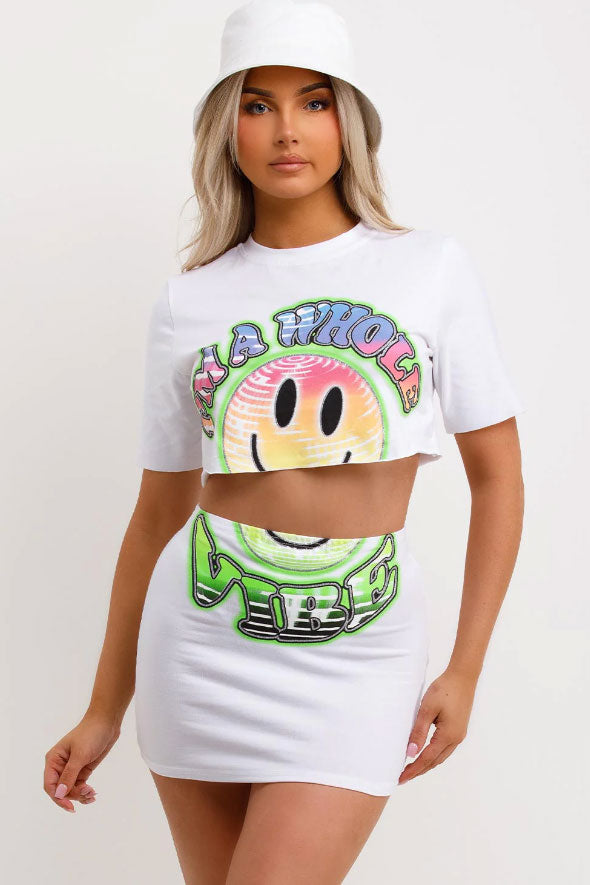 Crop Top And Skirt Co Ord With I Am Whole Vibe Slogan White