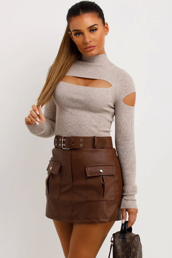 Cut Out Jumper With Long Sleeves Beige