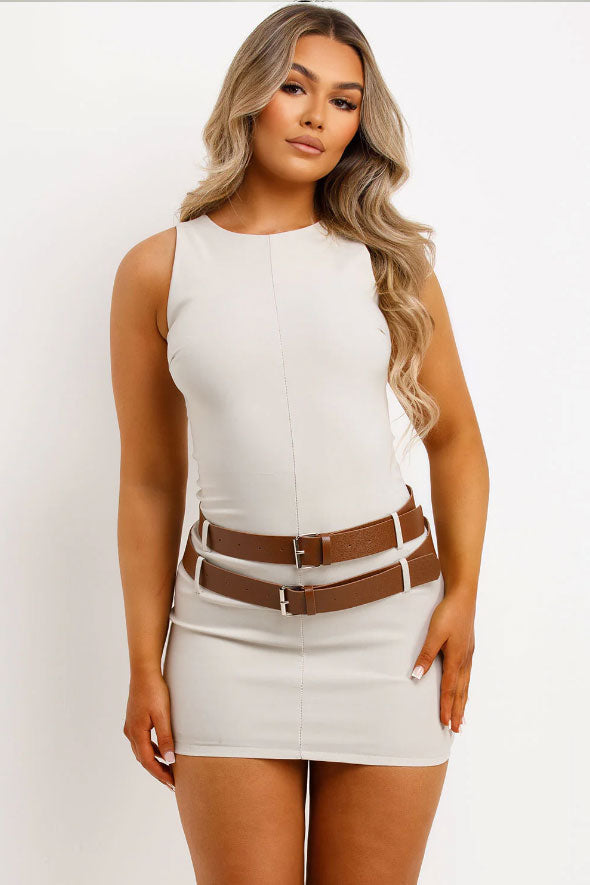 Fitted Dress With Double Belt Beige