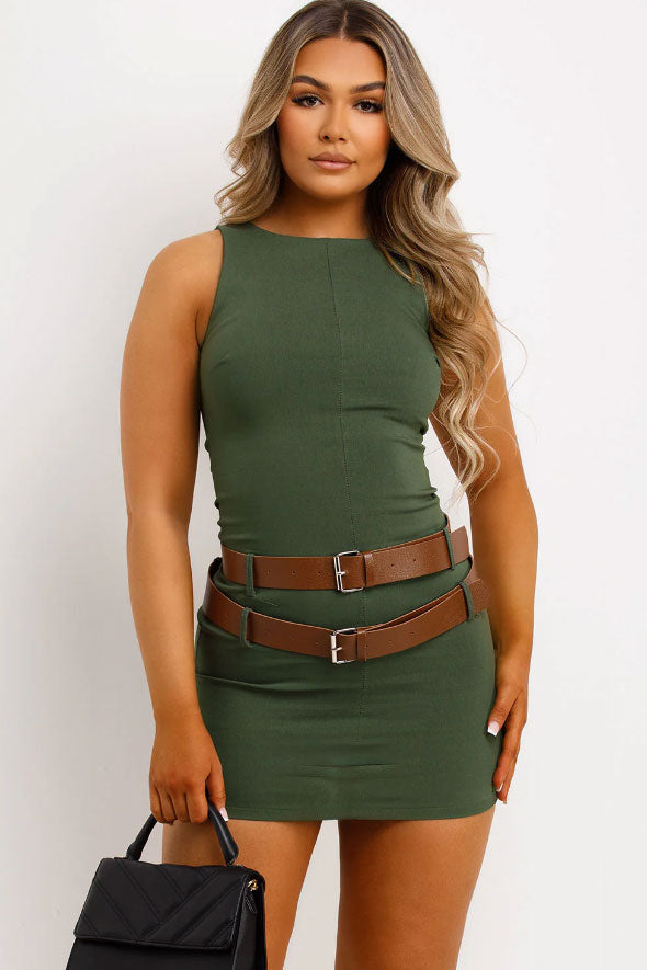 Fitted Dress With Double Belt Khaki