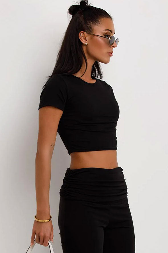 Fold Over Flared Trousers And Top Co Ord Set Black