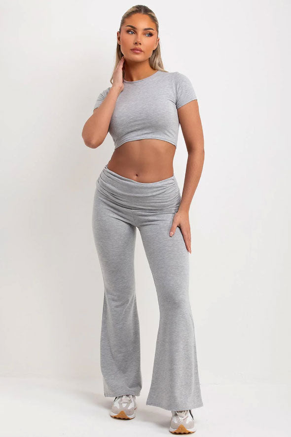 Fold Over Flared Trousers And Top Co Ord Set Grey Marl