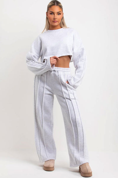 Grey Marl Tracksuit Joggers And Crop Sweatshirt With Seam Detail