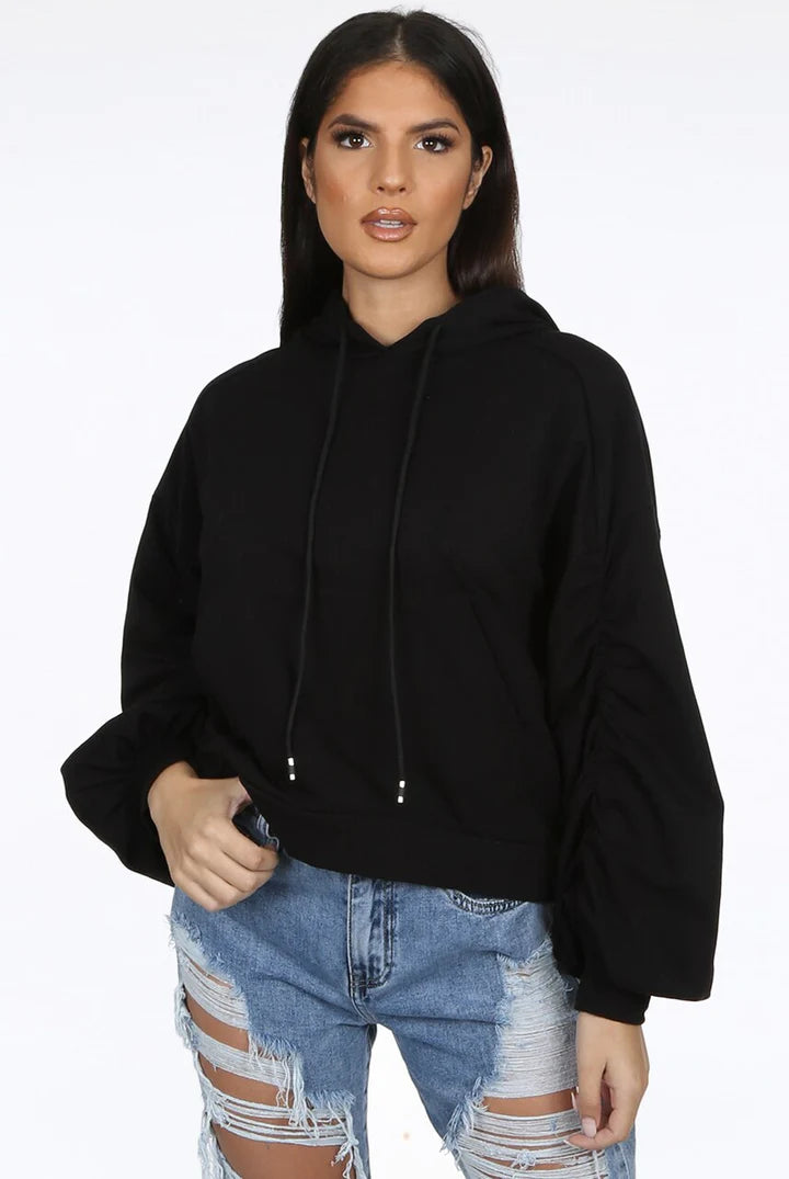 Black Ruched Sleeve Hooded Sweatshirt