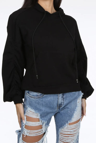 Black Ruched Sleeve Hooded Sweatshirt