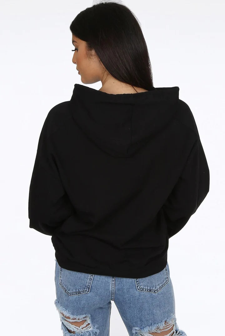 Black Ruched Sleeve Hooded Sweatshirt