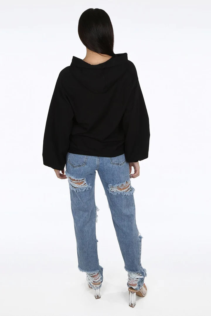 Black Ruched Sleeve Hooded Sweatshirt