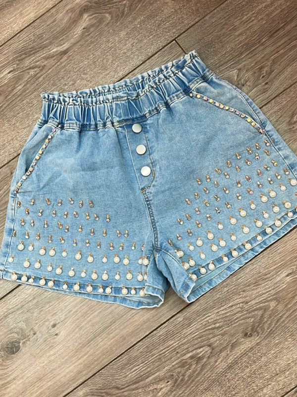 Elasticated pearl detail denim shorts